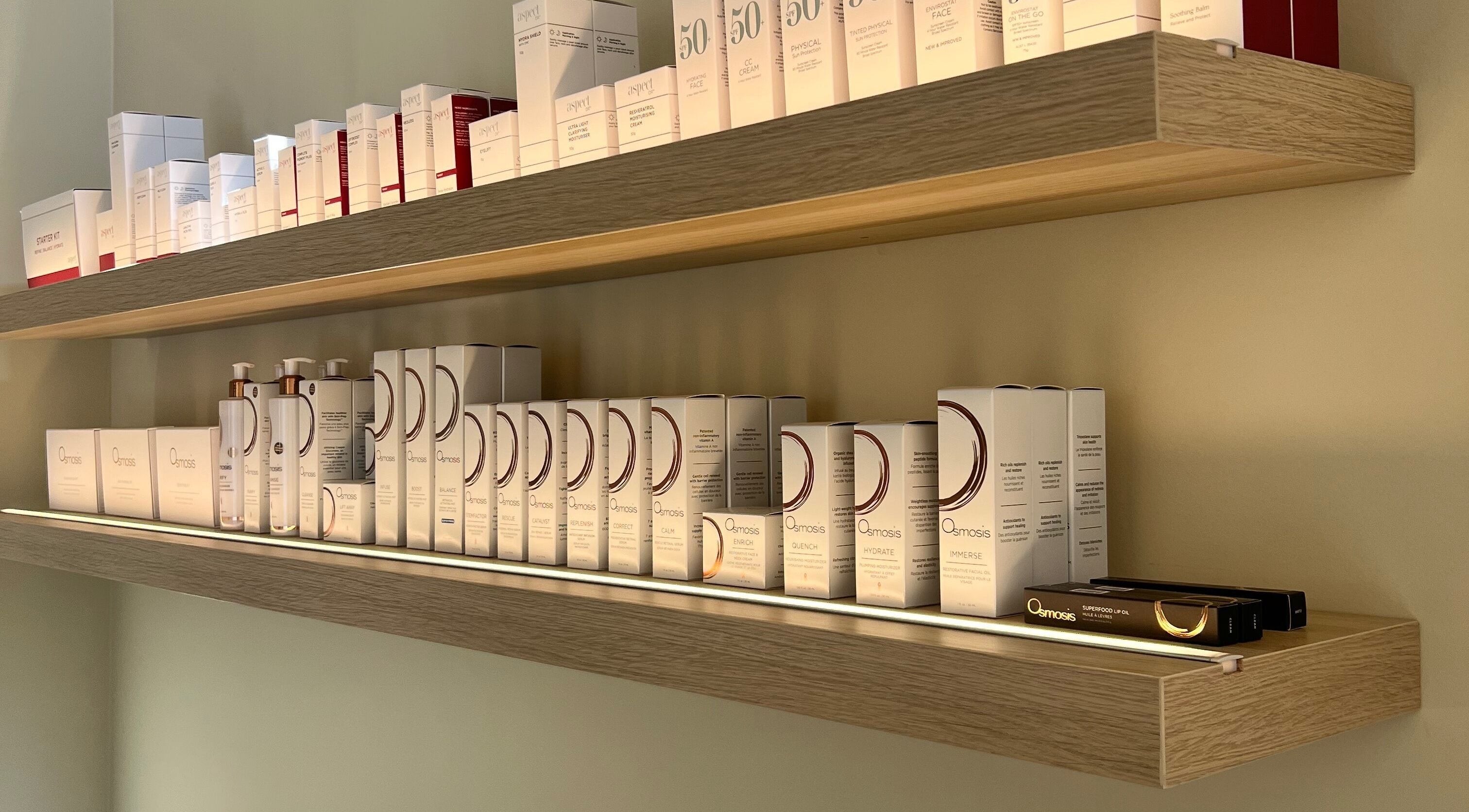 Product shelves at The Dermal Den, Northcote, Victoria, AU featuring a range of skincare products.