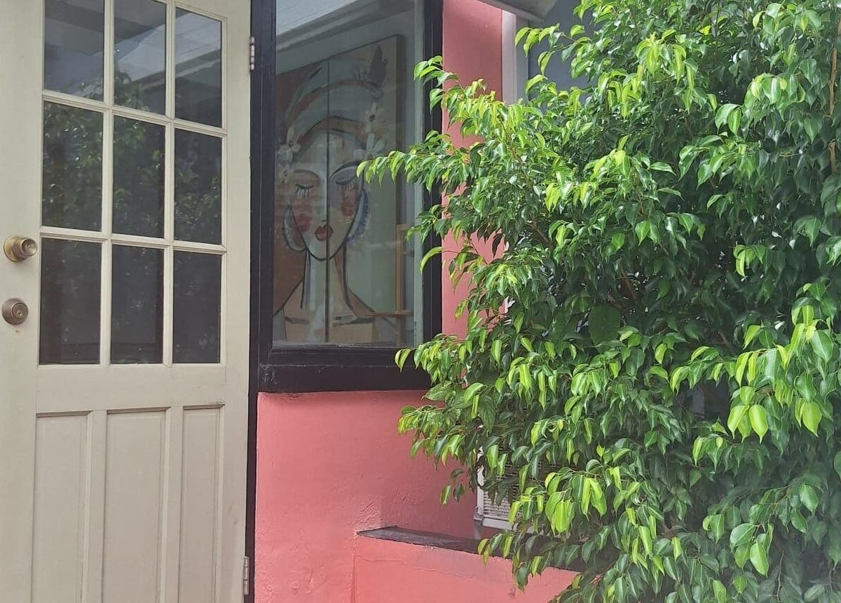 Front door with artistic window at Chrysalis Studio & Academy, Bridgetown, Christ Church, BB.
