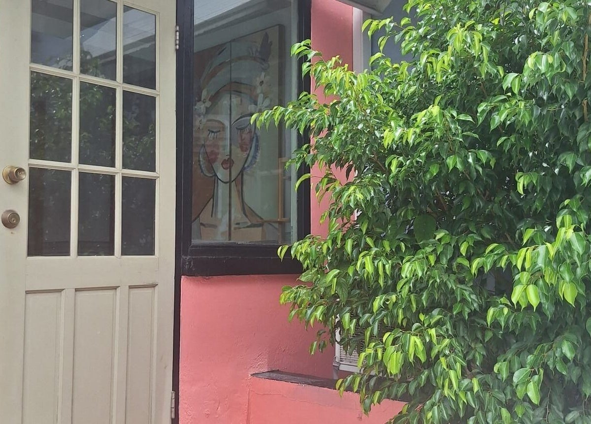 Front door with artistic window at Chrysalis Studio & Academy, Bridgetown, Christ Church, BB.
