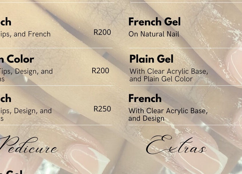 AlphaHairline price list showcasing French and Plain nail services, Newcastle, Kwazulu-natal, ZA.