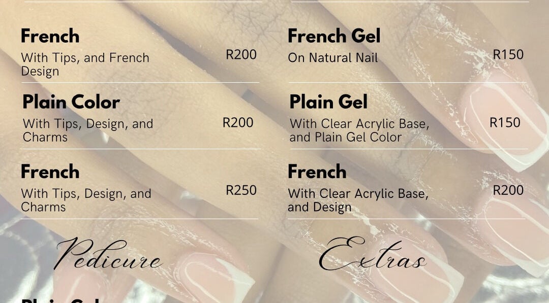 AlphaHairline price list showcasing French and Plain nail services, Newcastle, Kwazulu-natal, ZA.