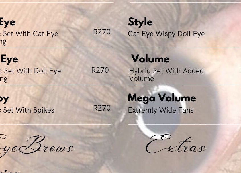 Explore eyelash service options at AlphaHairline in Newcastle, Kwazulu-natal, ZA, featuring varieties like Cat Eye.