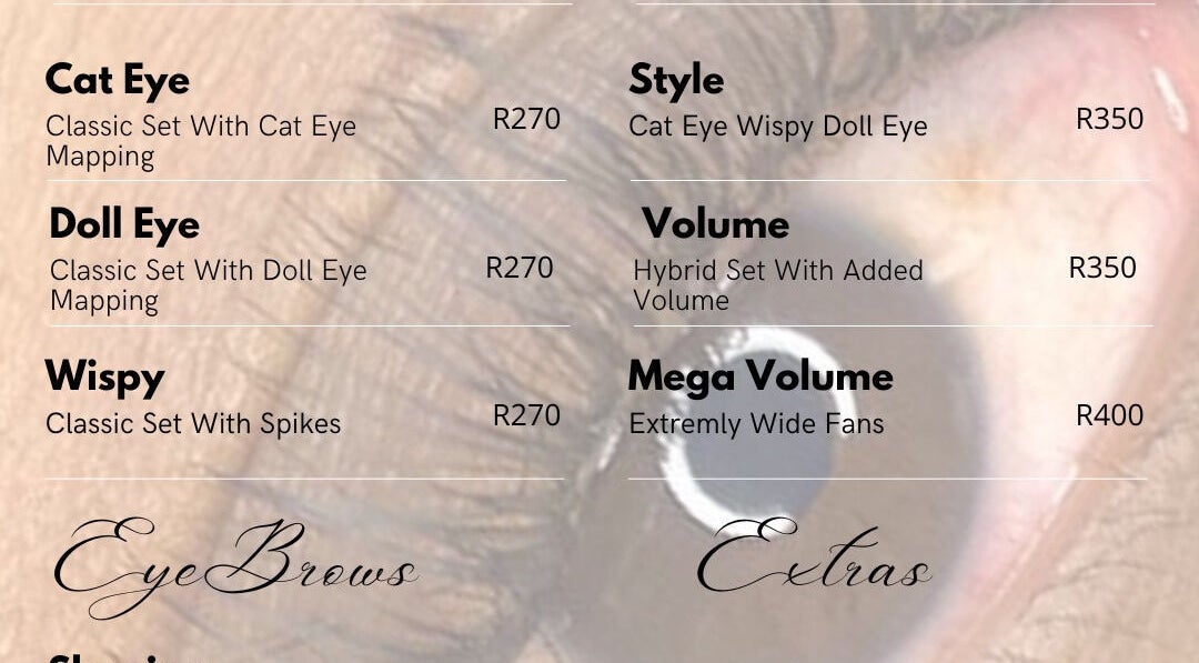 Explore eyelash service options at AlphaHairline in Newcastle, Kwazulu-natal, ZA, featuring varieties like Cat Eye.