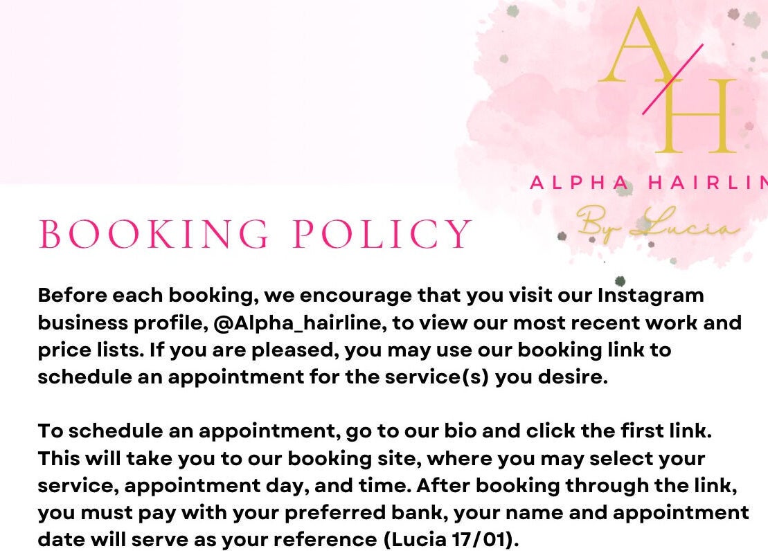 Booking policy for AlphaHairline, a top beauty salon in Newcastle, Kwazulu-natal, ZA. Follow guidelines for appointments.