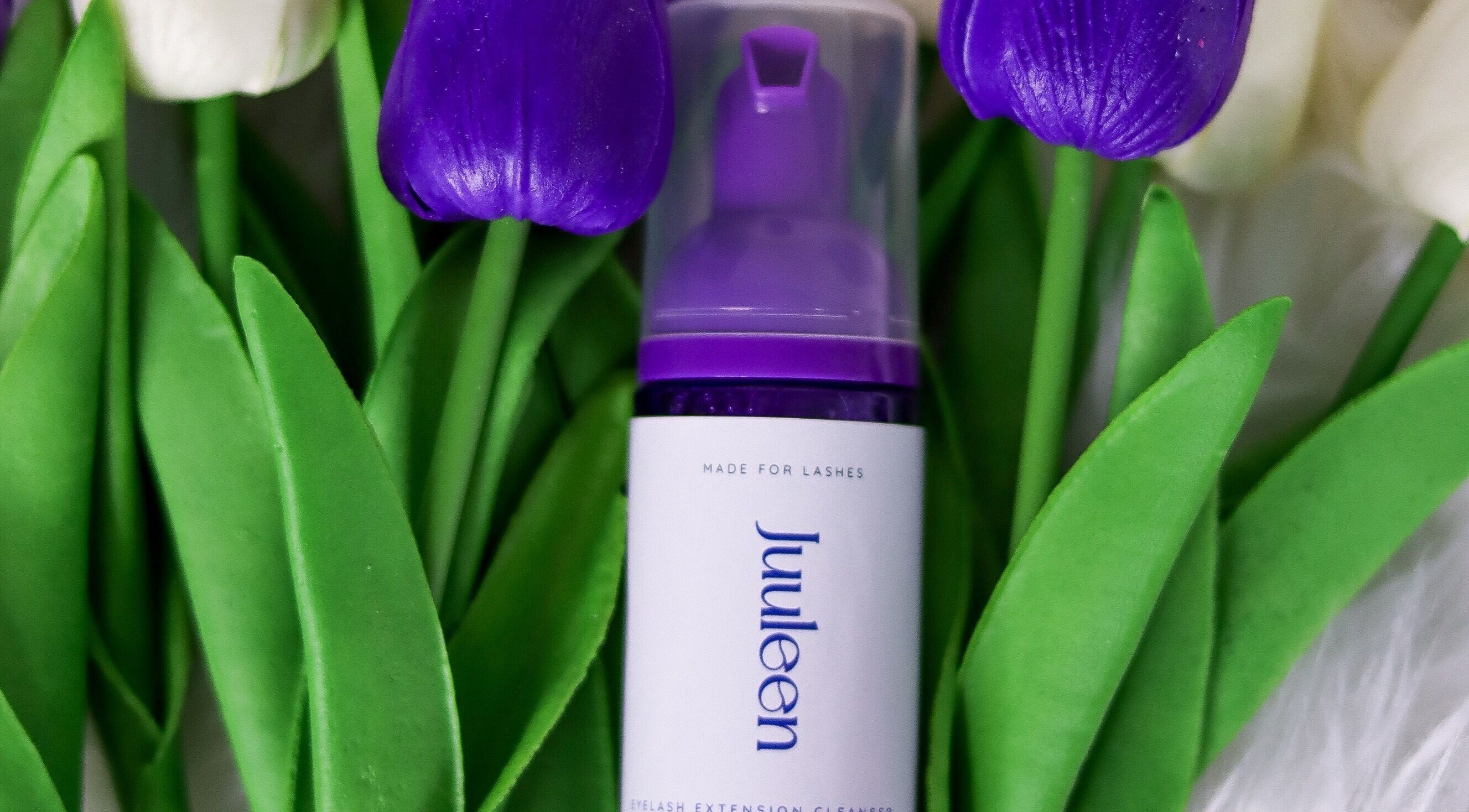 Juuleen Lashes eyelash cleanser with tulips in Pyrmont, New South Wales, AU.