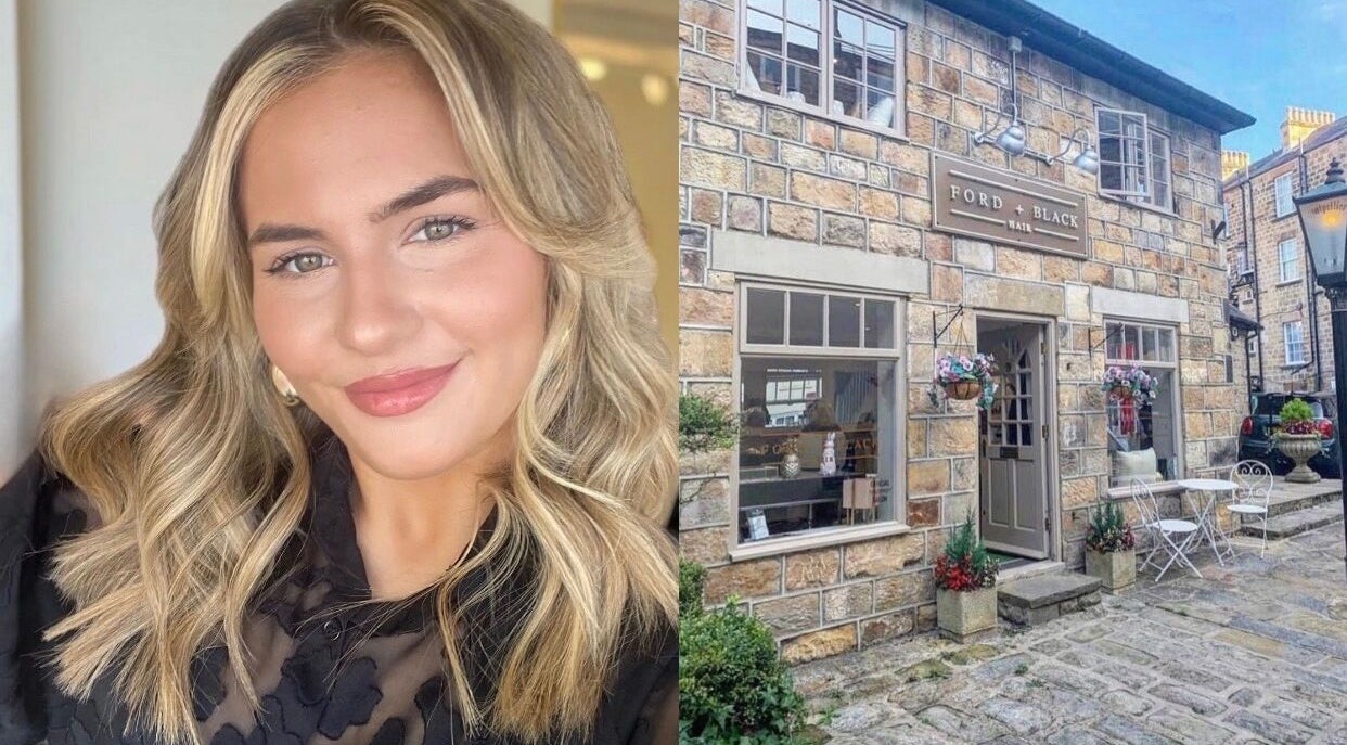 Customer with styled hair at Eve McDade Hair, charming stone façade in Harrogate, England, GB.
