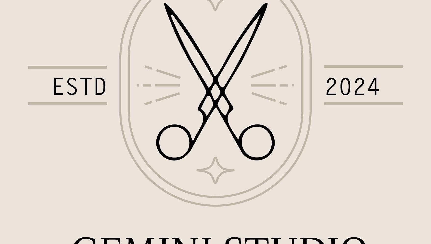 Gemini Studio logo featuring scissors and estd date in Northallerton, England, GB.