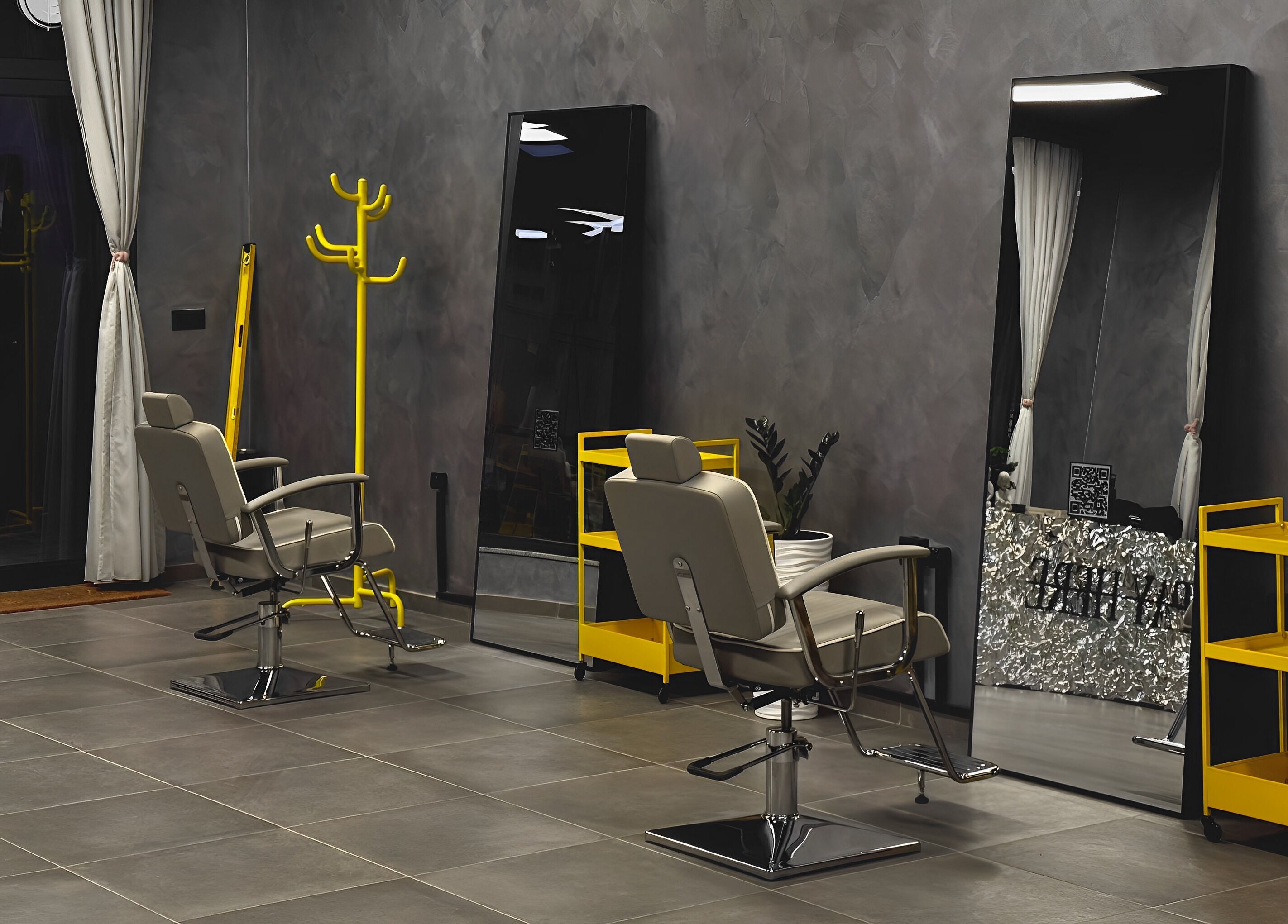Modern salon chairs and mirrors at Studio Exit, Plovdiv, Plovdiv, BG showcasing sleek design and ambiance.