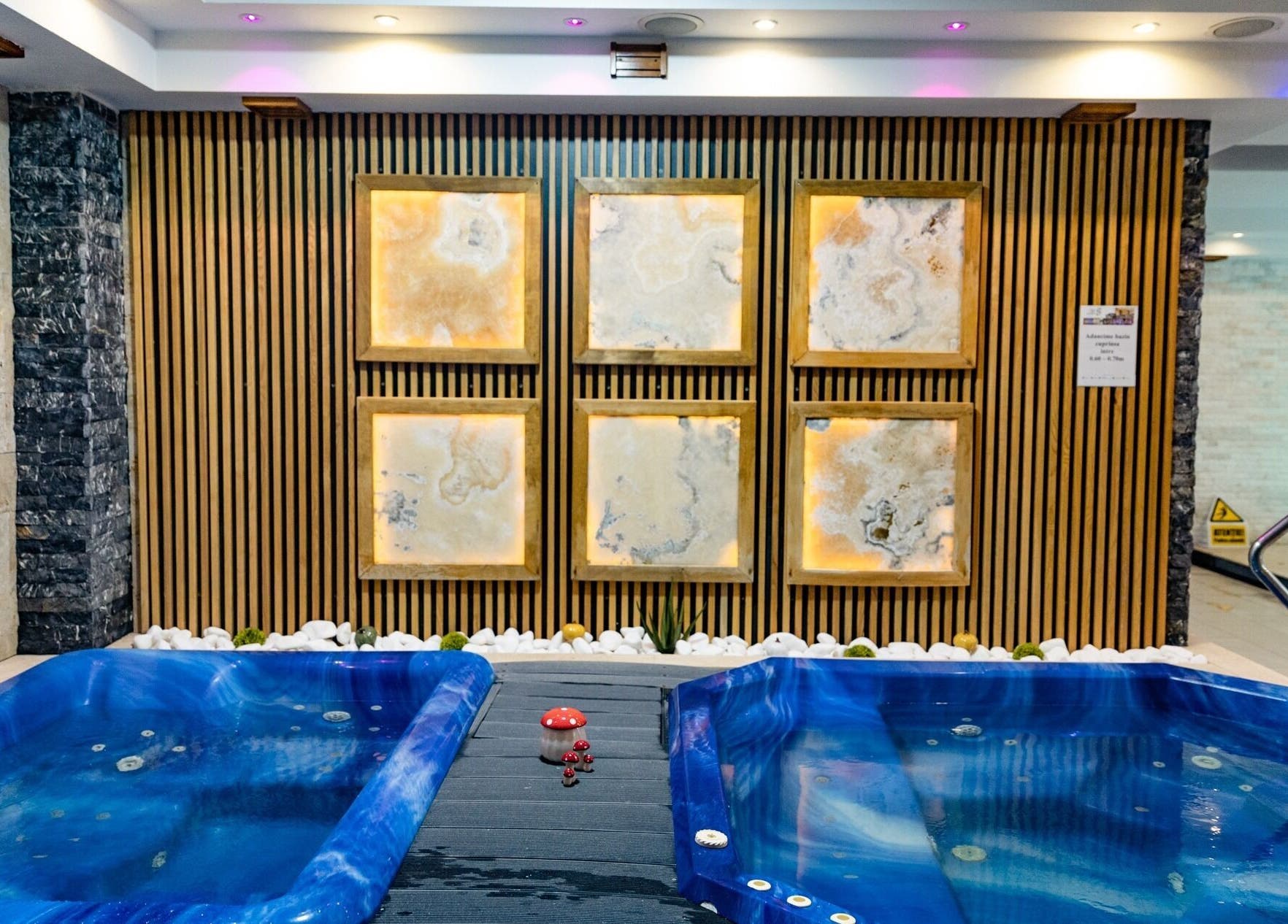 Jacuzzi elegant la Salty Spa, Cluj-Napoca, RO, cu decoruri de lemn și piatră naturală.