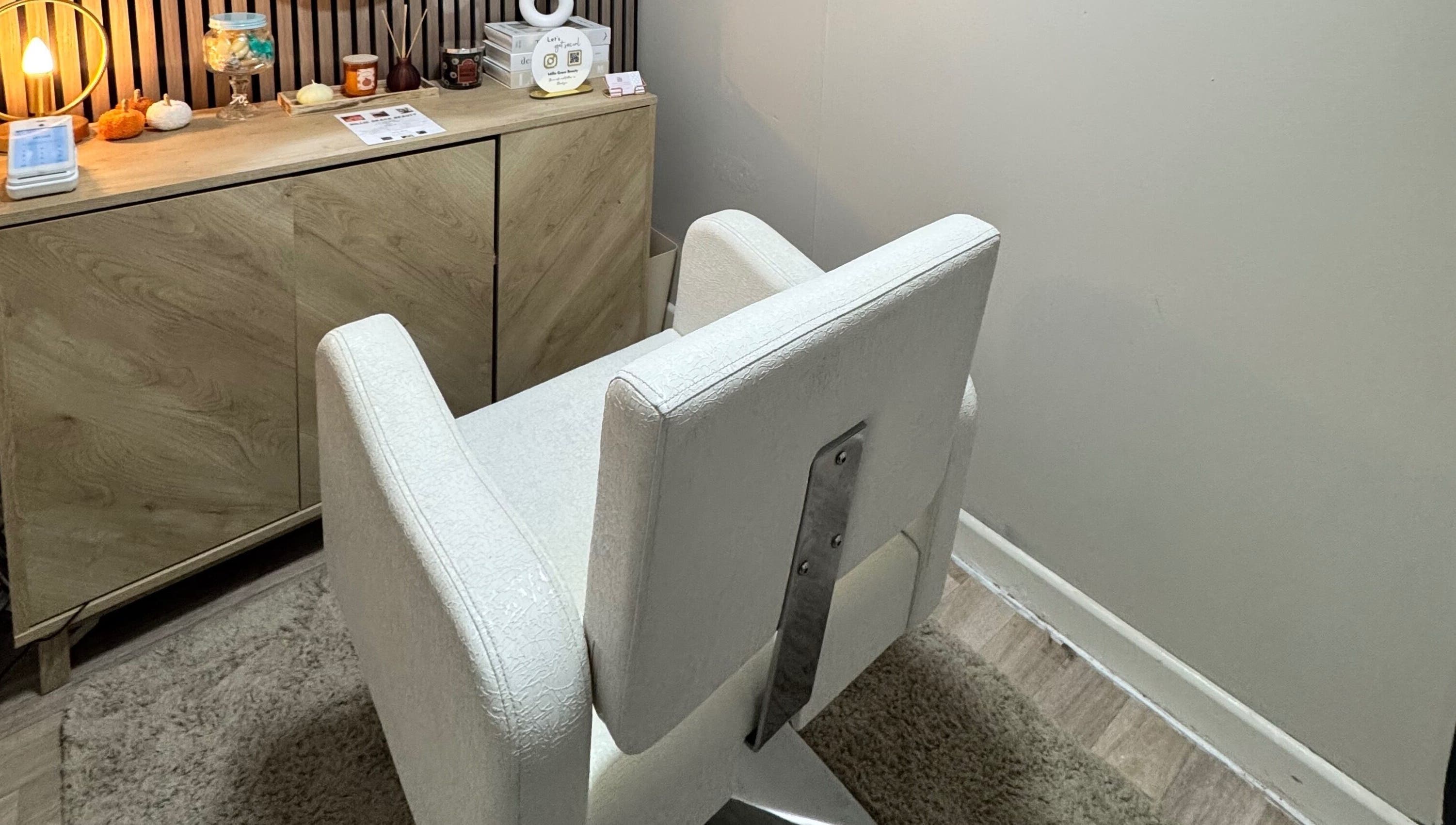 Luxurious treatment chair at Millie Grace Beauty, Barry, Wales, GB creating a serene ambiance for clients.