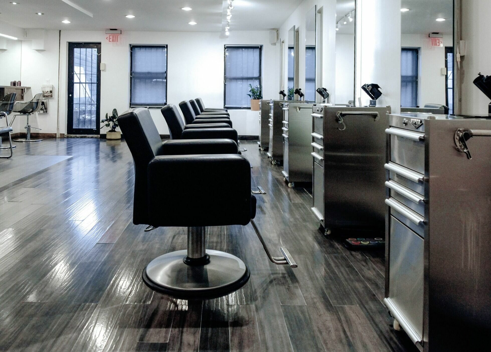 H2 Salon Brooklyn modern interior with sleek chairs, New York, New York, US, showcasing stylish design.
