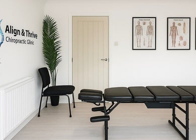 Chic, modern treatment room at Align&Thrive Chiropractic Clinic, Witchford, England, GB. Inviting and professional.