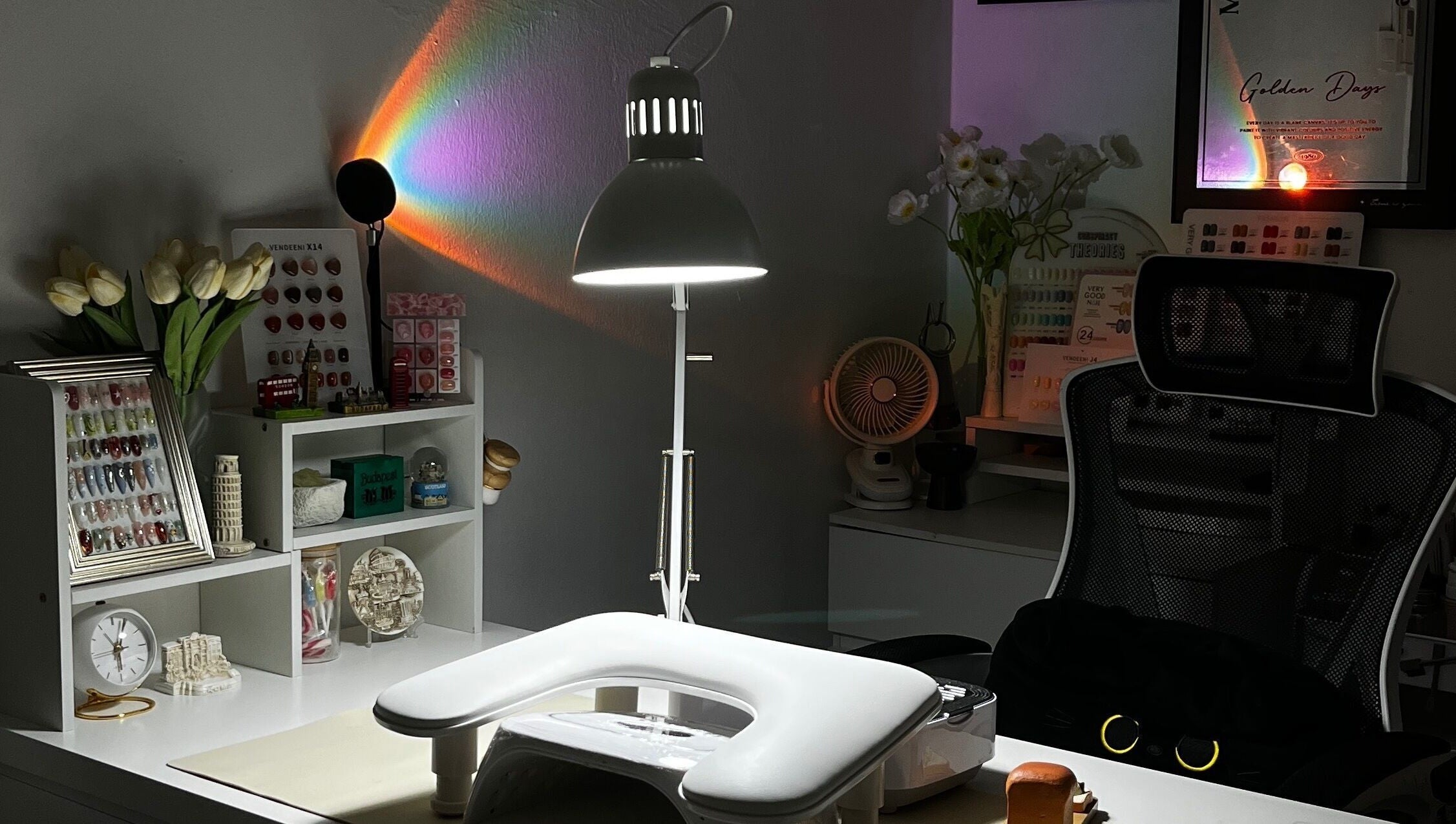 Elegant nail station at Aeonian Nails, Petaling Jaya, Selangor, MY featuring stylish decor and lighting.