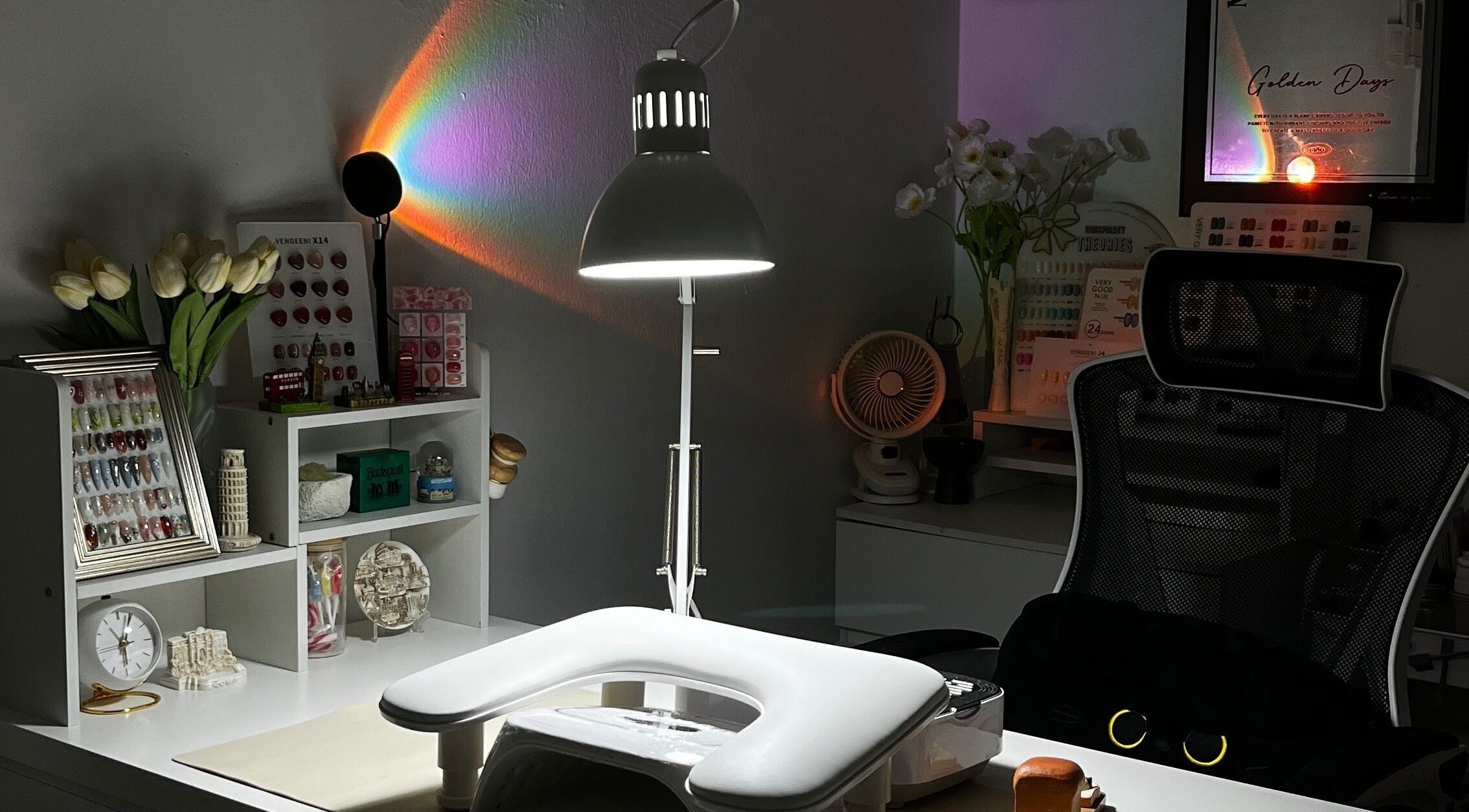 Elegant nail station at Aeonian Nails, Petaling Jaya, Selangor, MY featuring stylish decor and lighting.