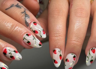 Artistic strawberry nail design at Kállos Nails (Florida), Fort Lauderdale, Florida, US.