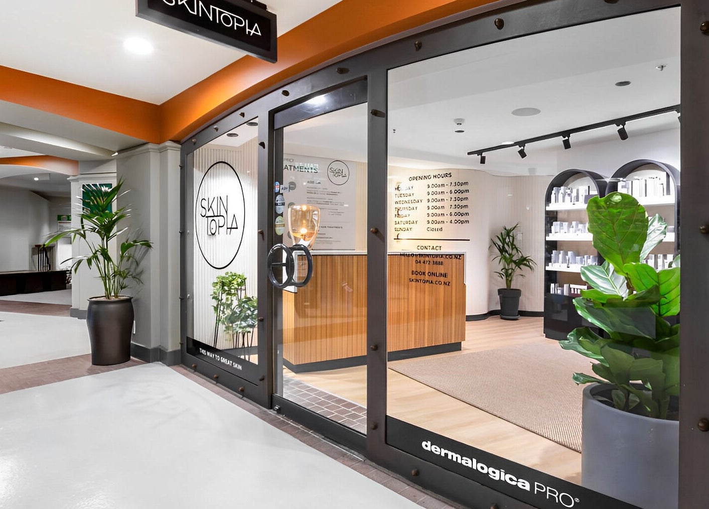 Welcoming Skintopia - Old Bank Arcade entry in Wellington, NZ showcasing sleek design and inviting ambiance.