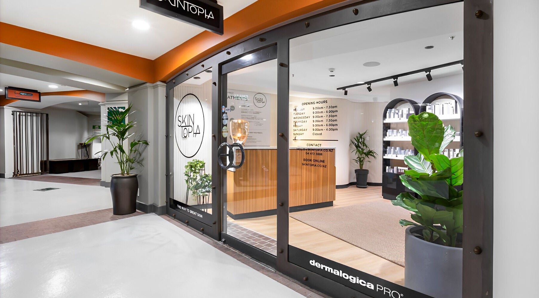 Welcoming Skintopia - Old Bank Arcade entry in Wellington, NZ showcasing sleek design and inviting ambiance.
