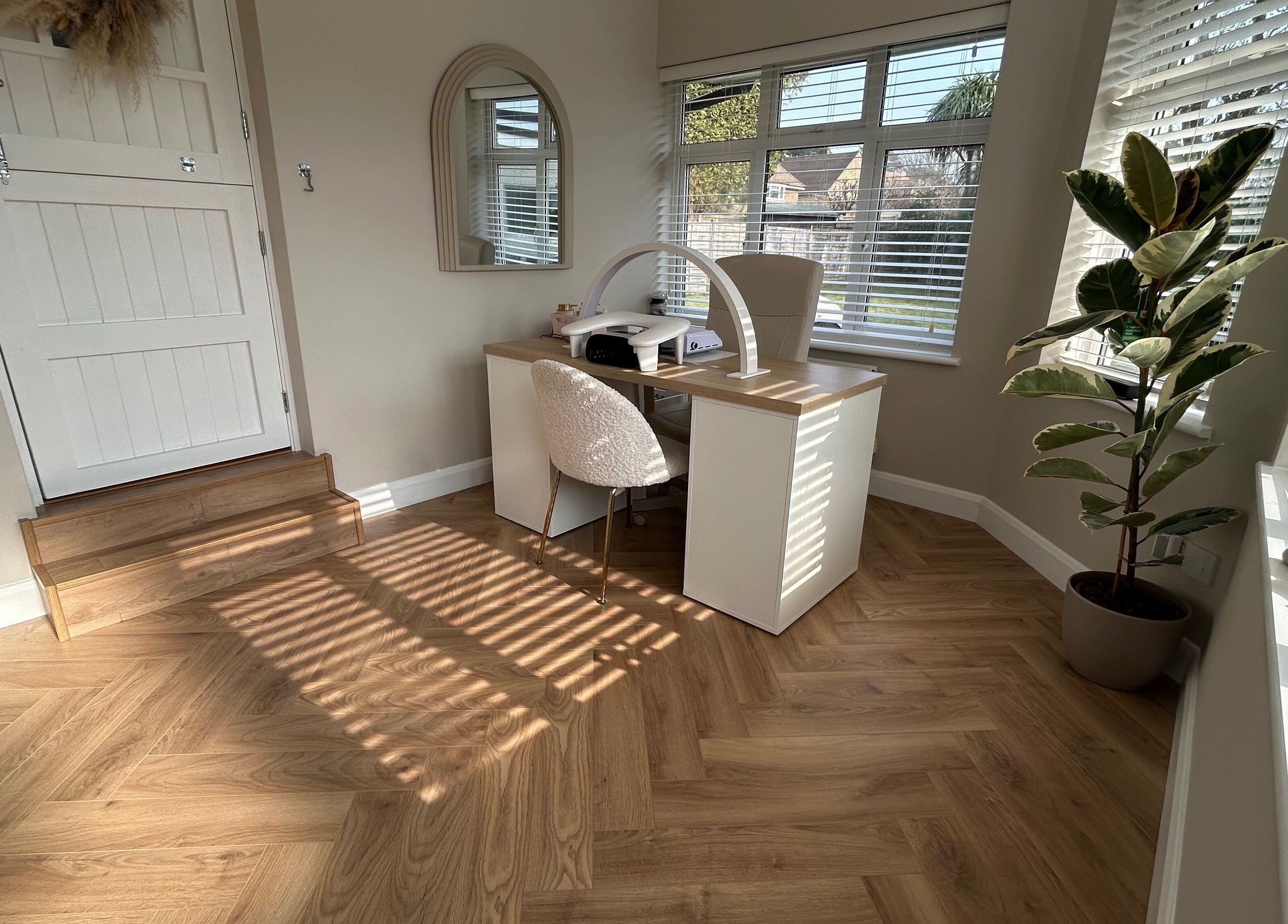 Elegant manicure station at The Nail Room at Epsom Downs in Epsom, England, GB with natural light.
