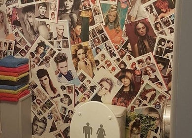 Artistic collage wall with fashion photos at Hype, Sheffield, England, GB.