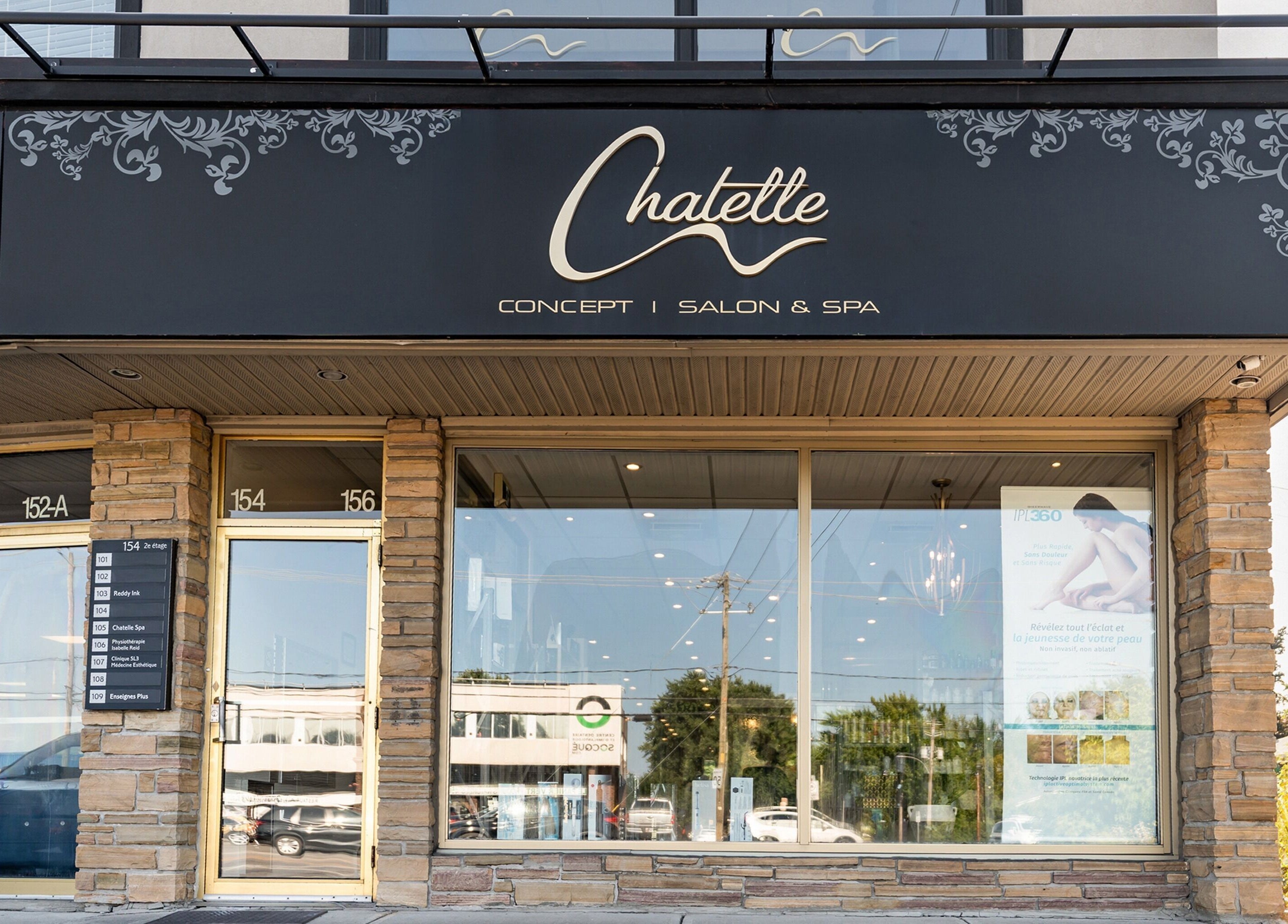 Facade de Chatelle Concept Salon & Spa à Châteauguay, Québec, CA, affichant un style moderne et accueillant.