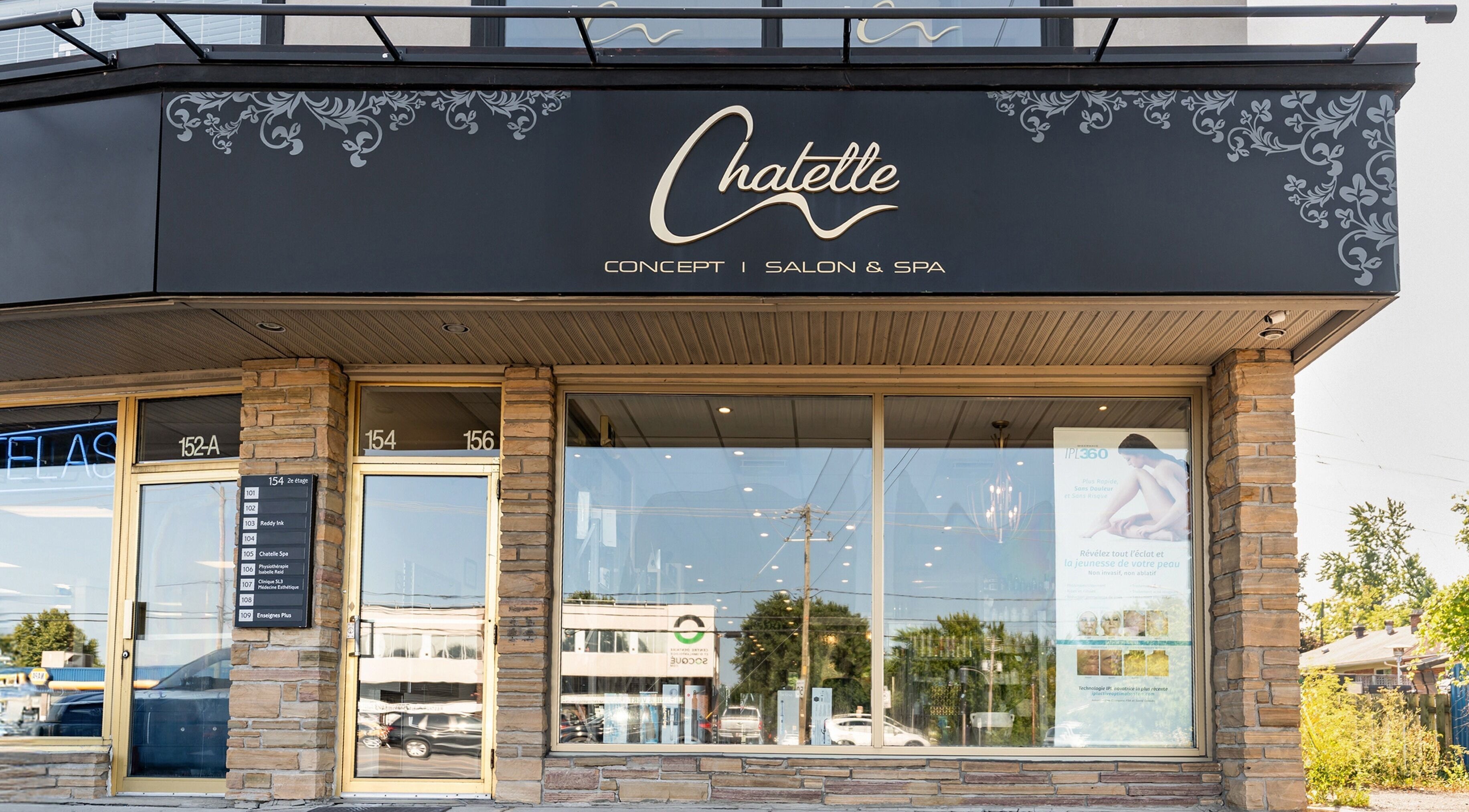 Facade de Chatelle Concept Salon & Spa à Châteauguay, Québec, CA, affichant un style moderne et accueillant.