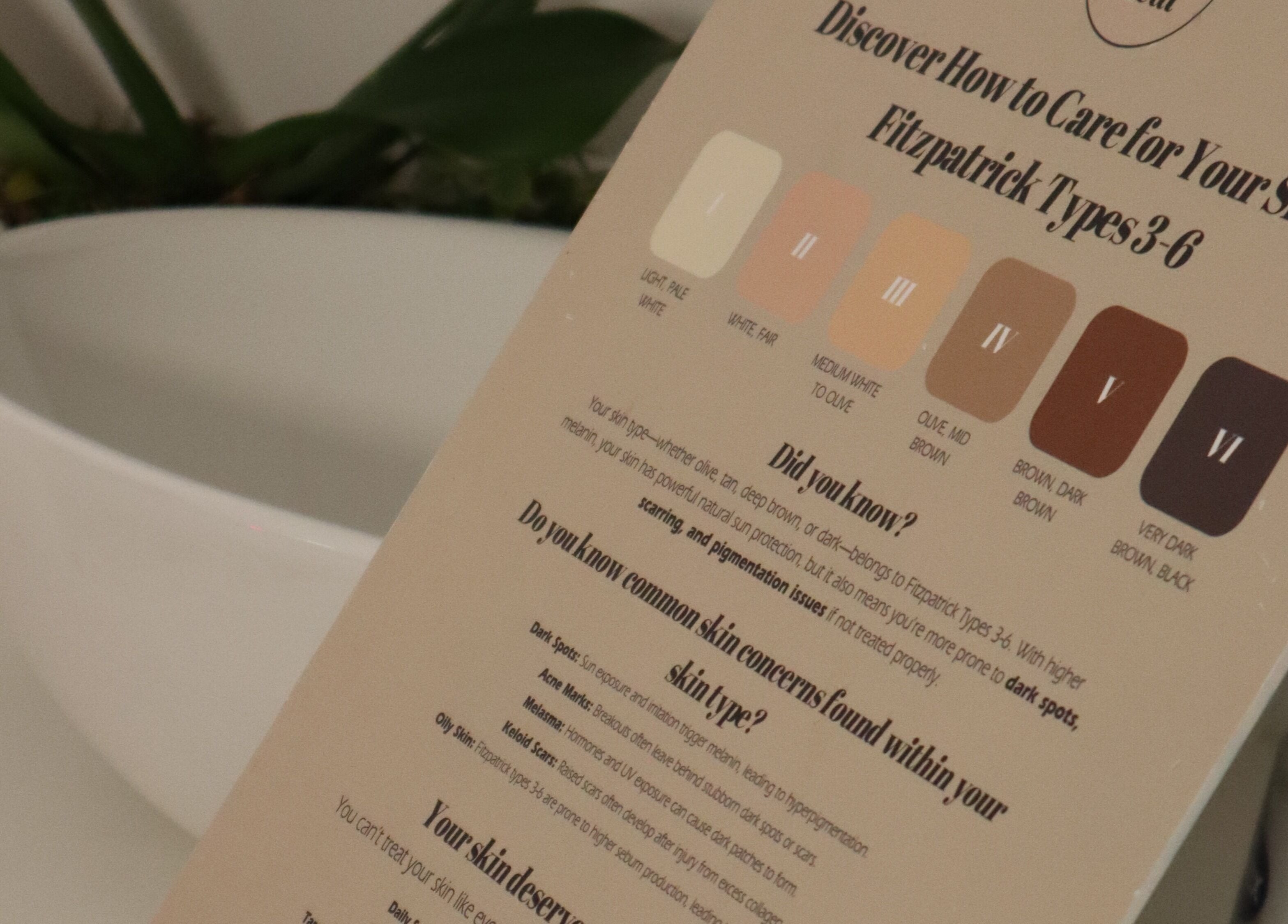 Skin tone chart at Skin & Heal, Essex, England, GB, displaying Fitzpatrick types 3-6 for personalized skincare.