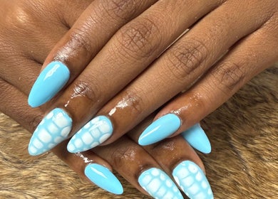 Vibrant sky-blue nails design at Nails By Emm, Duncan, South Carolina, US, showcasing artistry and style.