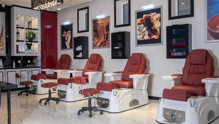 Luxurious pedicure chairs at Bokla Salon & Spa in Al Khobar, Eastern Province, SA. Elegant and inviting ambiance.