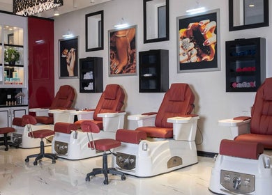 Luxurious pedicure chairs at Bokla Salon & Spa in Al Khobar, Eastern Province, SA. Elegant and inviting ambiance.