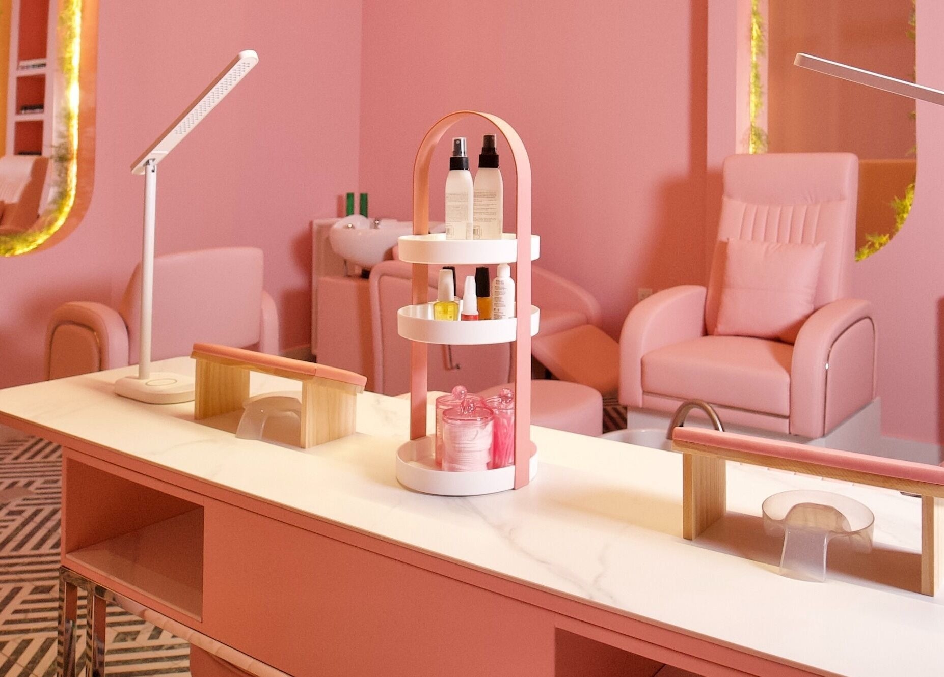 Elegant nail salon interior at Nabaty Salon | صالون نباتي, Saihat, Eastern Province, SA. Cozy pink ambiance.