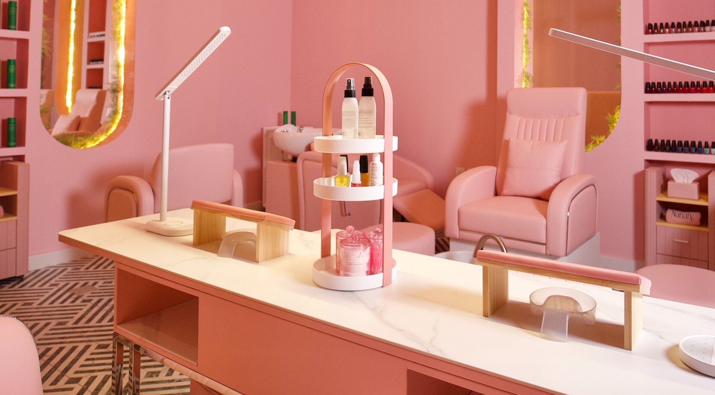 Elegant nail salon interior at Nabaty Salon | صالون نباتي, Saihat, Eastern Province, SA. Cozy pink ambiance.