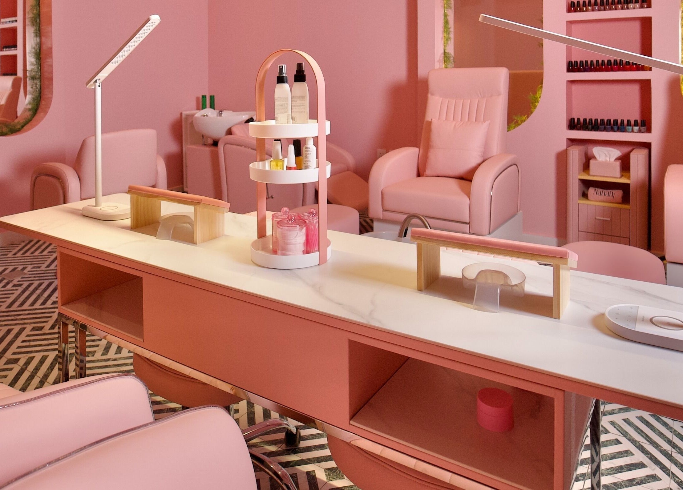 Elegant pink salon interior at Nabaty Salon | صالون نباتي in Saihat, Eastern Province, SA, featuring luxury decor.