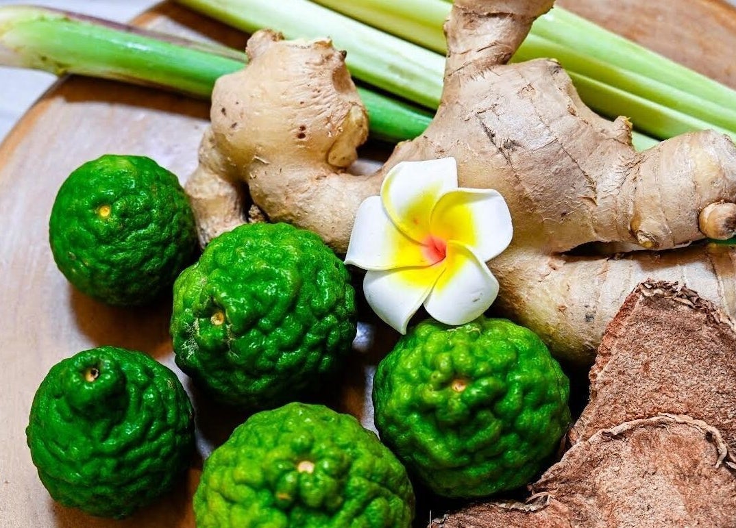 Fresh kaffir limes, ginger, and lemongrass at Thai House Wellness and Spa in Sacramento, California, US.