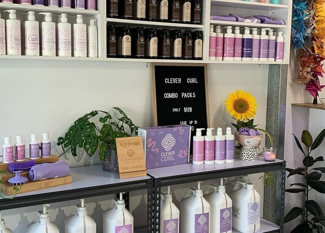 Studio Hi Gorgeous in Alfredton, Victoria displays Clever Curl products with vibrant decor.