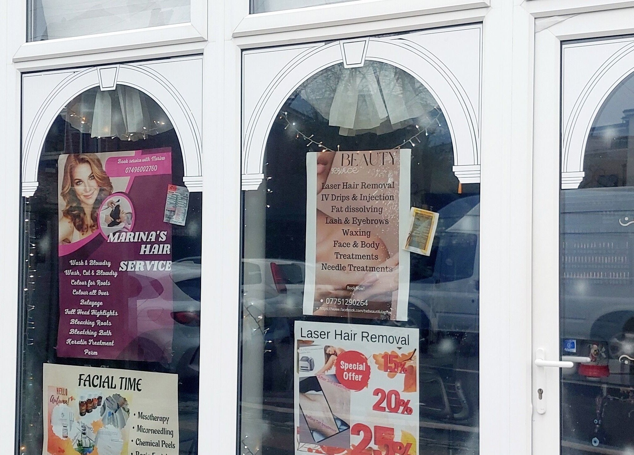 Palmarys beauty salon entrance displaying service posters in Southampton, England, GB.
