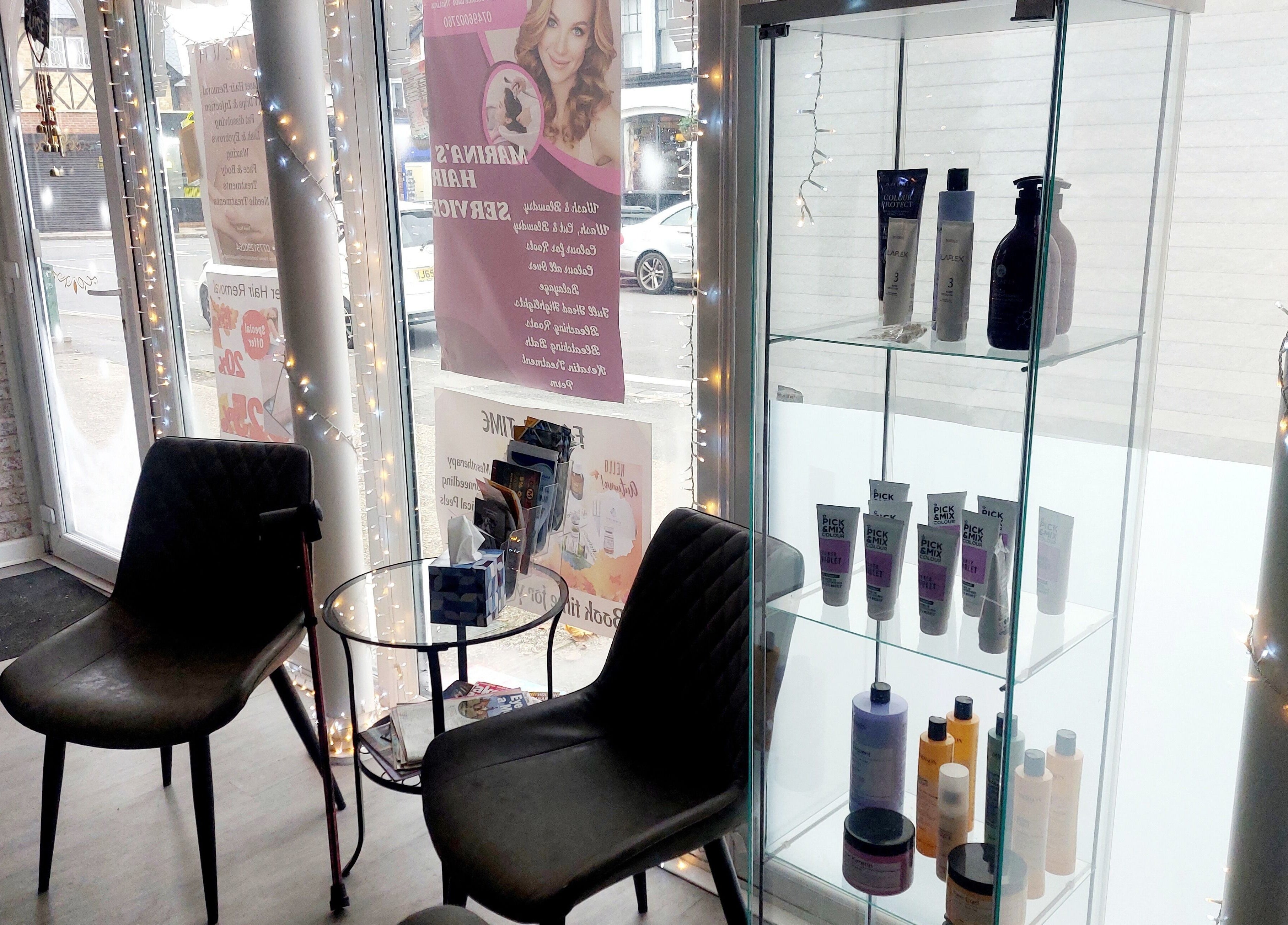 Comfortable seating and product display at Palmarys, Southampton, England, GB. Inviting beauty and wellness ambiance.