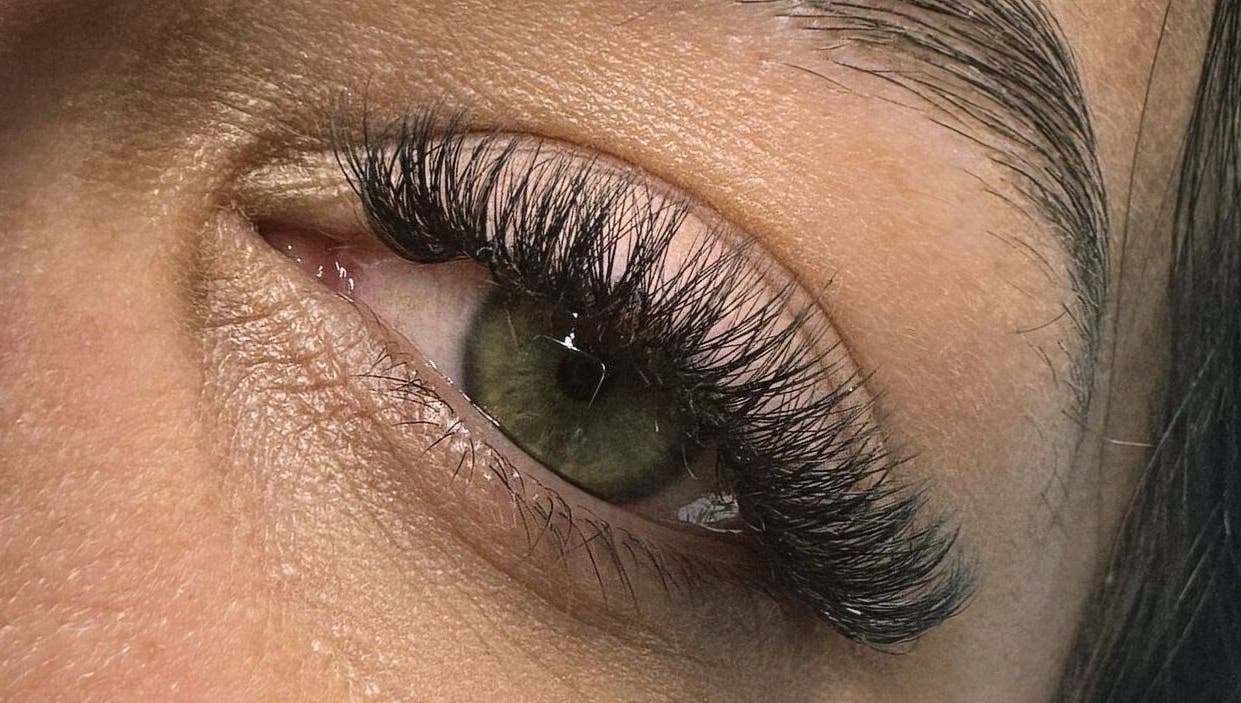 Closeup of expertly applied eyelash extensions at Lucy Petch Lashes, Haverhill, England, GB.