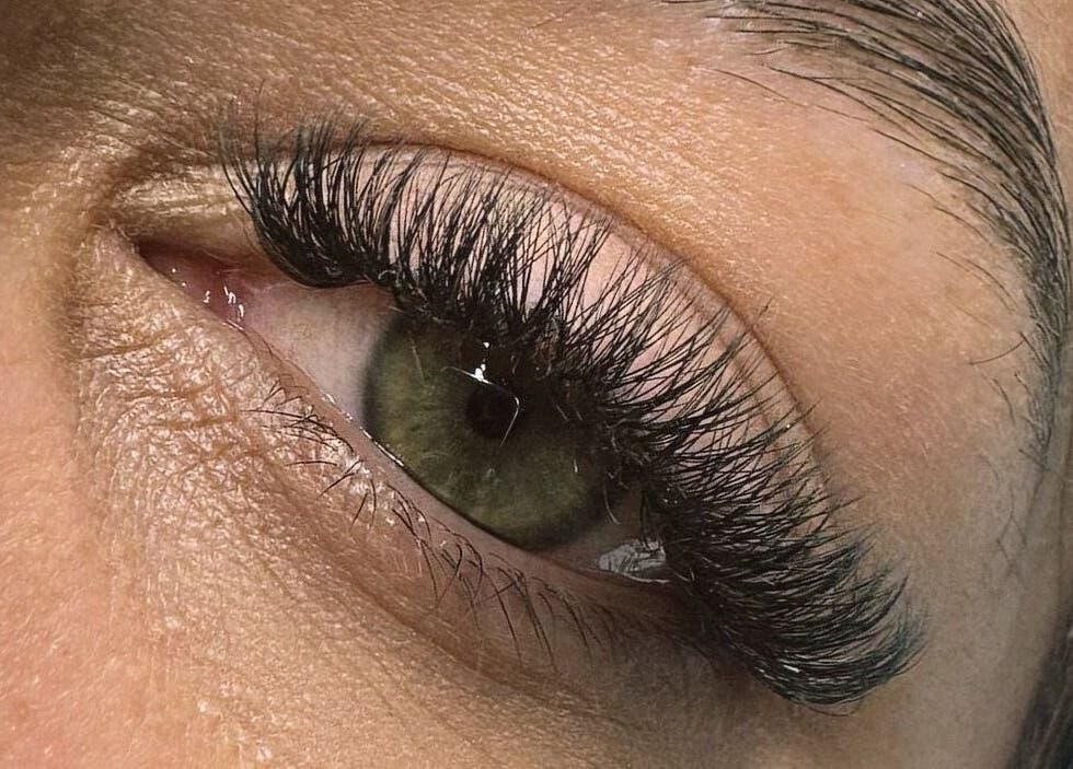 Closeup of expertly applied eyelash extensions at Lucy Petch Lashes, Haverhill, England, GB.