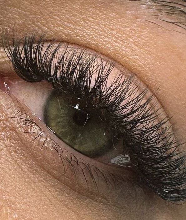 Closeup of expertly applied eyelash extensions at Lucy Petch Lashes, Haverhill, England, GB.