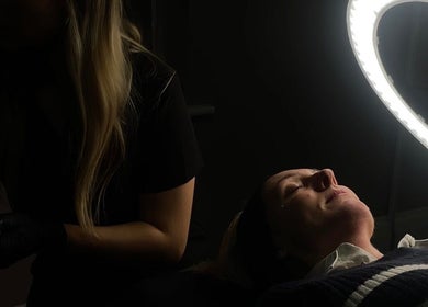 Client receiving facial treatment at Sofia’s Skin Space, Louth, England, GB under soft lighting.