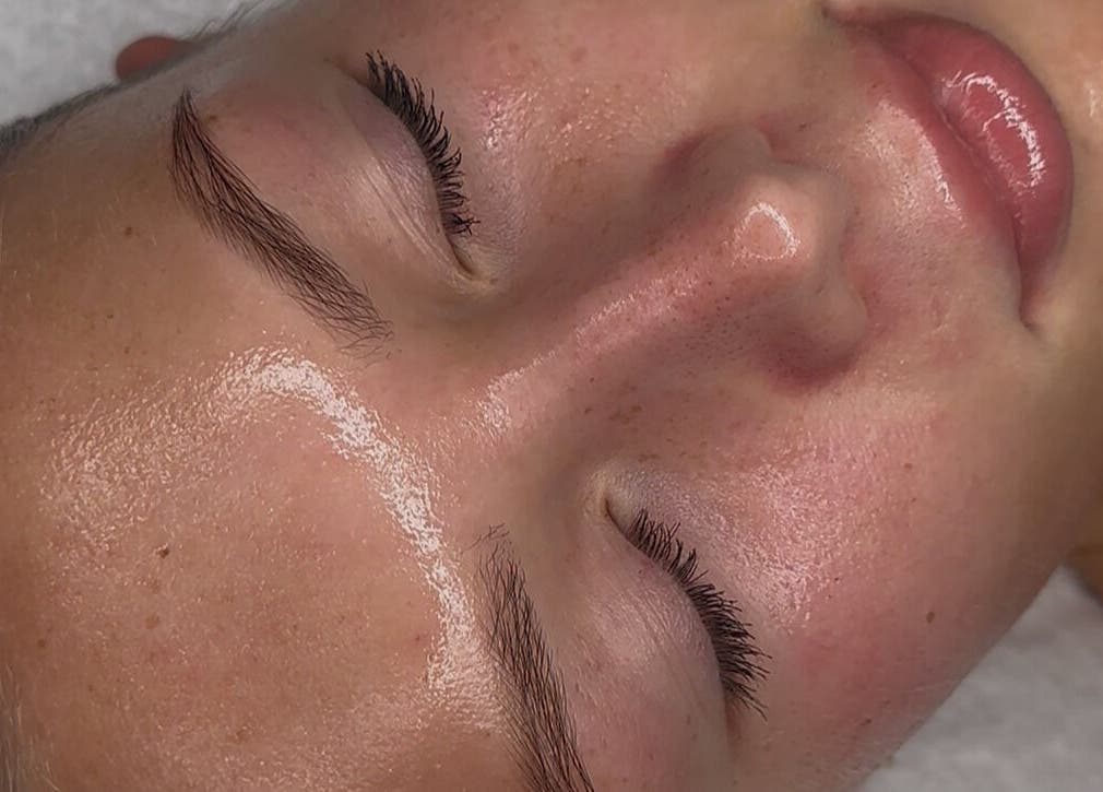 Close-up of glowing skin after facial at Sofia’s Skin Space, Louth, England, GB.