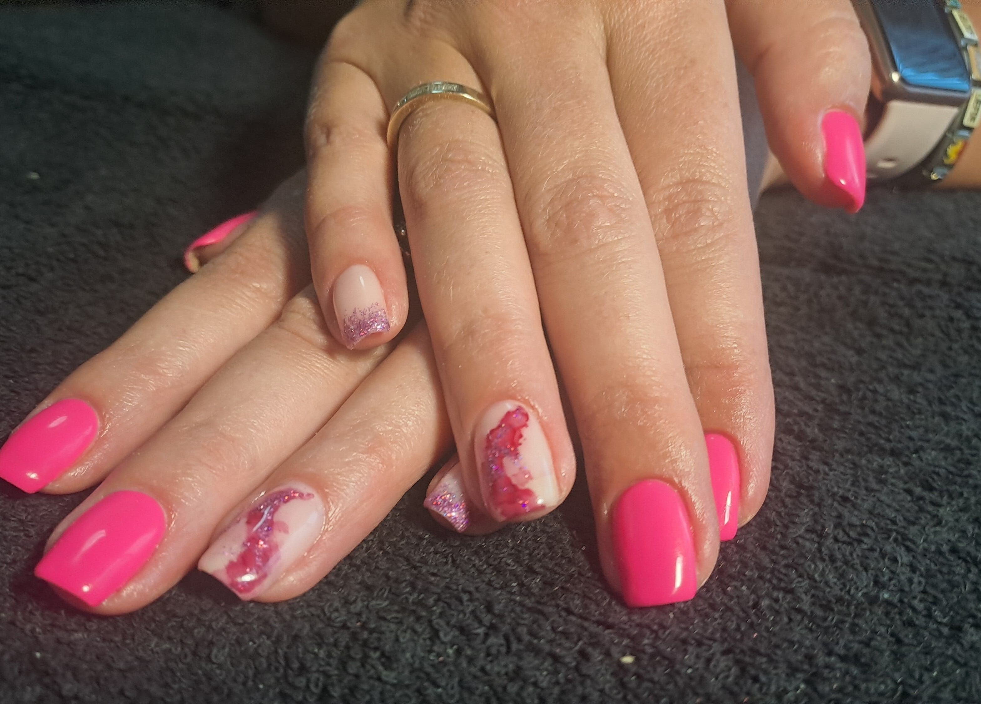 Bright pink manicured nails at Permanent Make-Up by Prawlene, Cape Town, Western Cape, ZA.