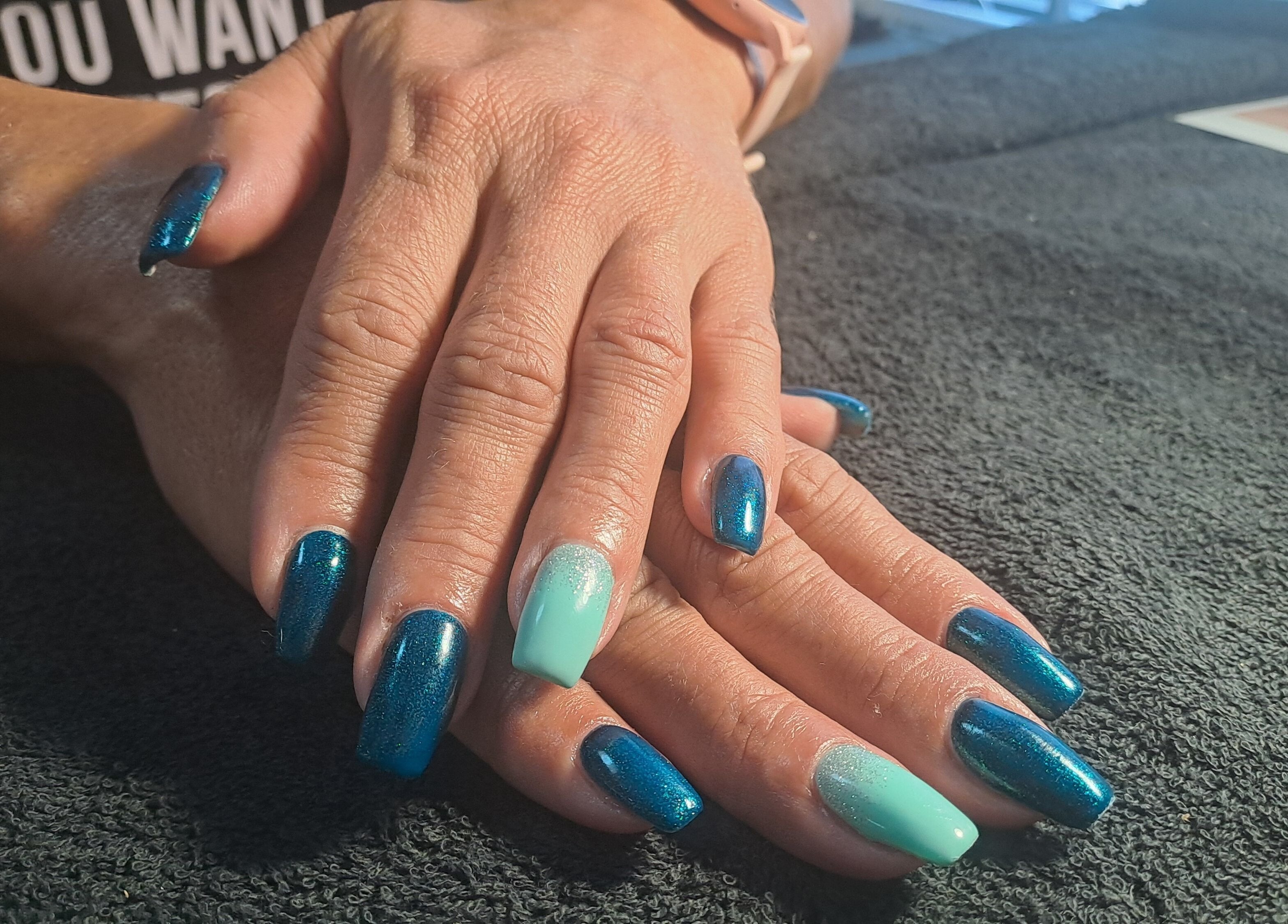 Elegant blue and mint manicure at Permanent Make-Up by Prawlene, Cape Town, Western Cape, ZA.