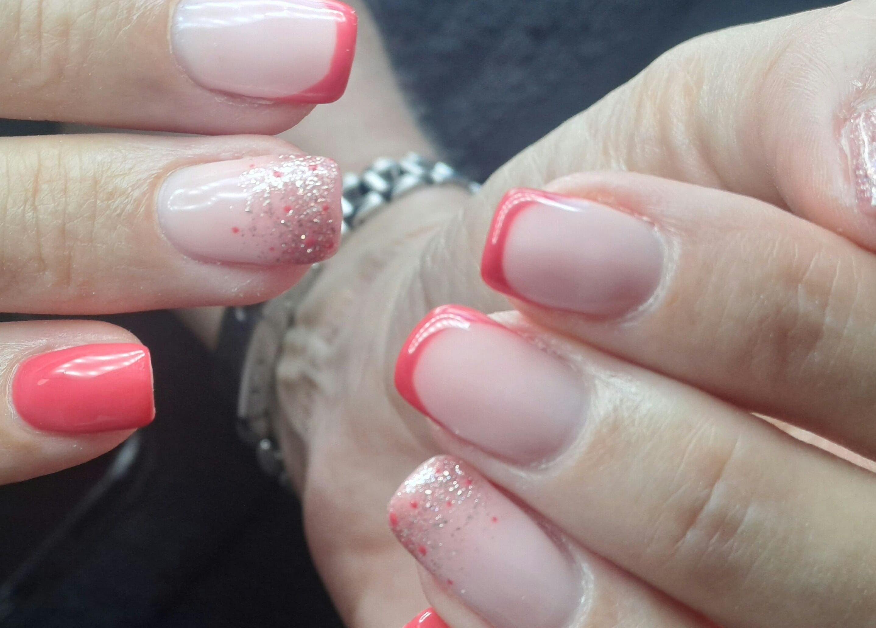 Stylish pink and glitter French manicure by Permanent Make-Up by Prawlene, Cape Town, Western Cape, ZA.