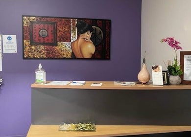 Elegant reception area at Hunter Thai Massage, Newcastle, New South Wales, AU, featuring calming artwork and decor.