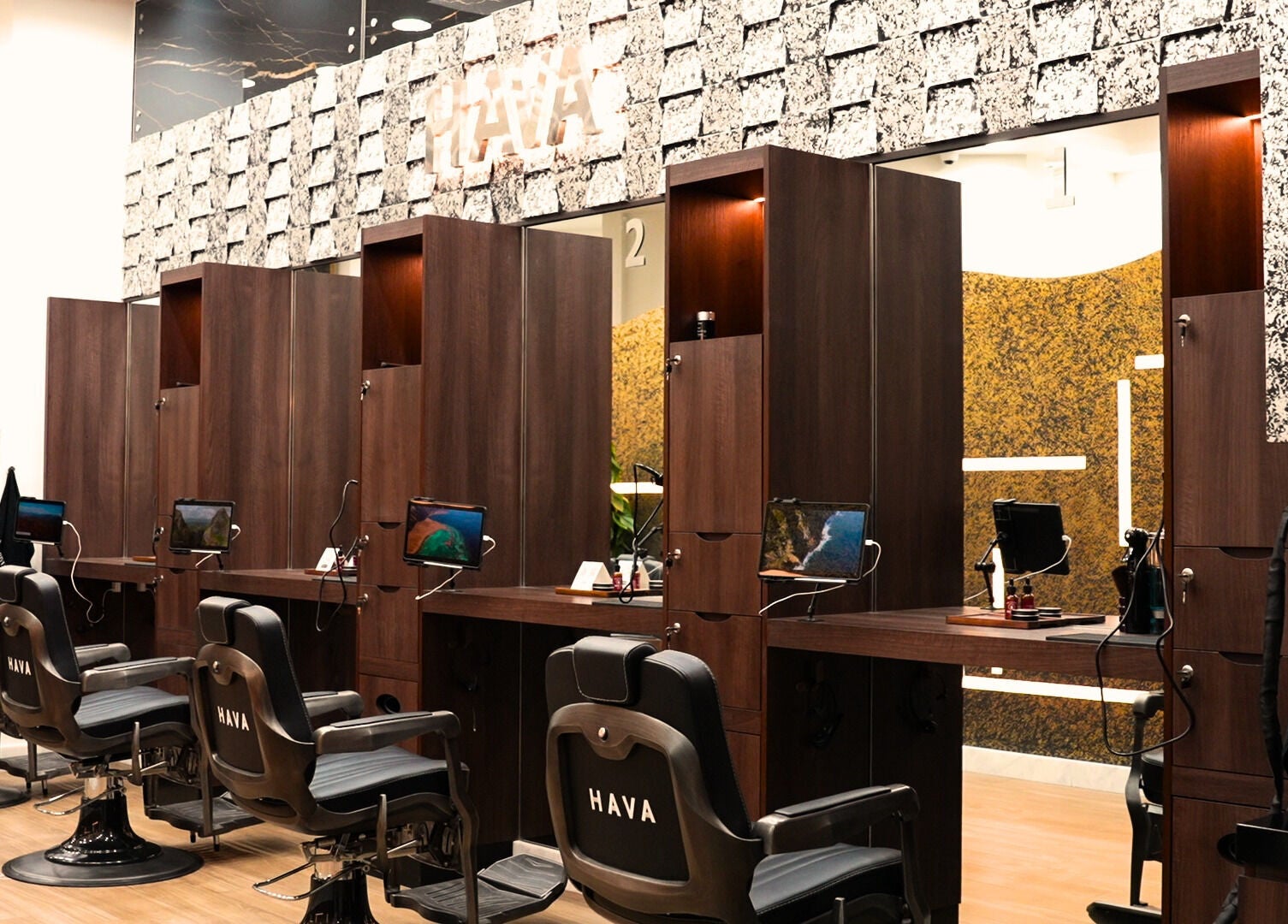 Modern interiors of Hava Gents Salon Ajman khalifa St featuring sleek barber chairs, Ajman, Ajman, AE.