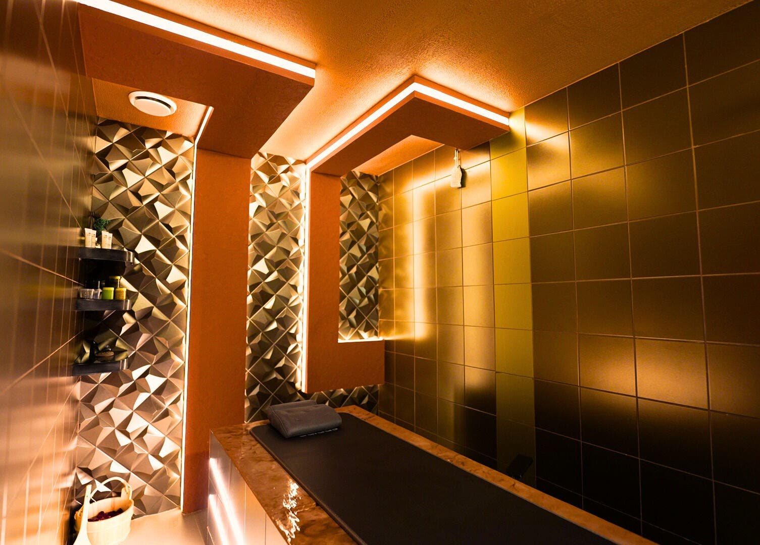 Luxurious treatment room at Hava Gents Salon Ajman khalifa St, Ajman, Ajman, AE with elegant lighting.