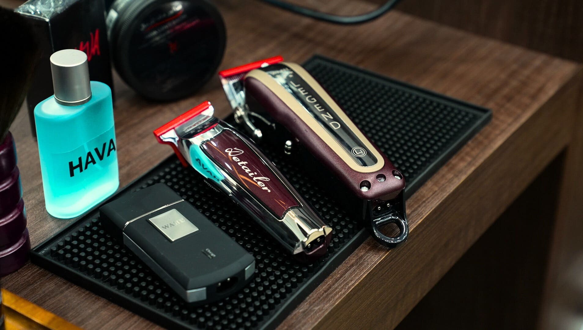 Hava Gents Salon - Nuaymia grooming tools on a wooden counter, Ajman, Ajman, AE.