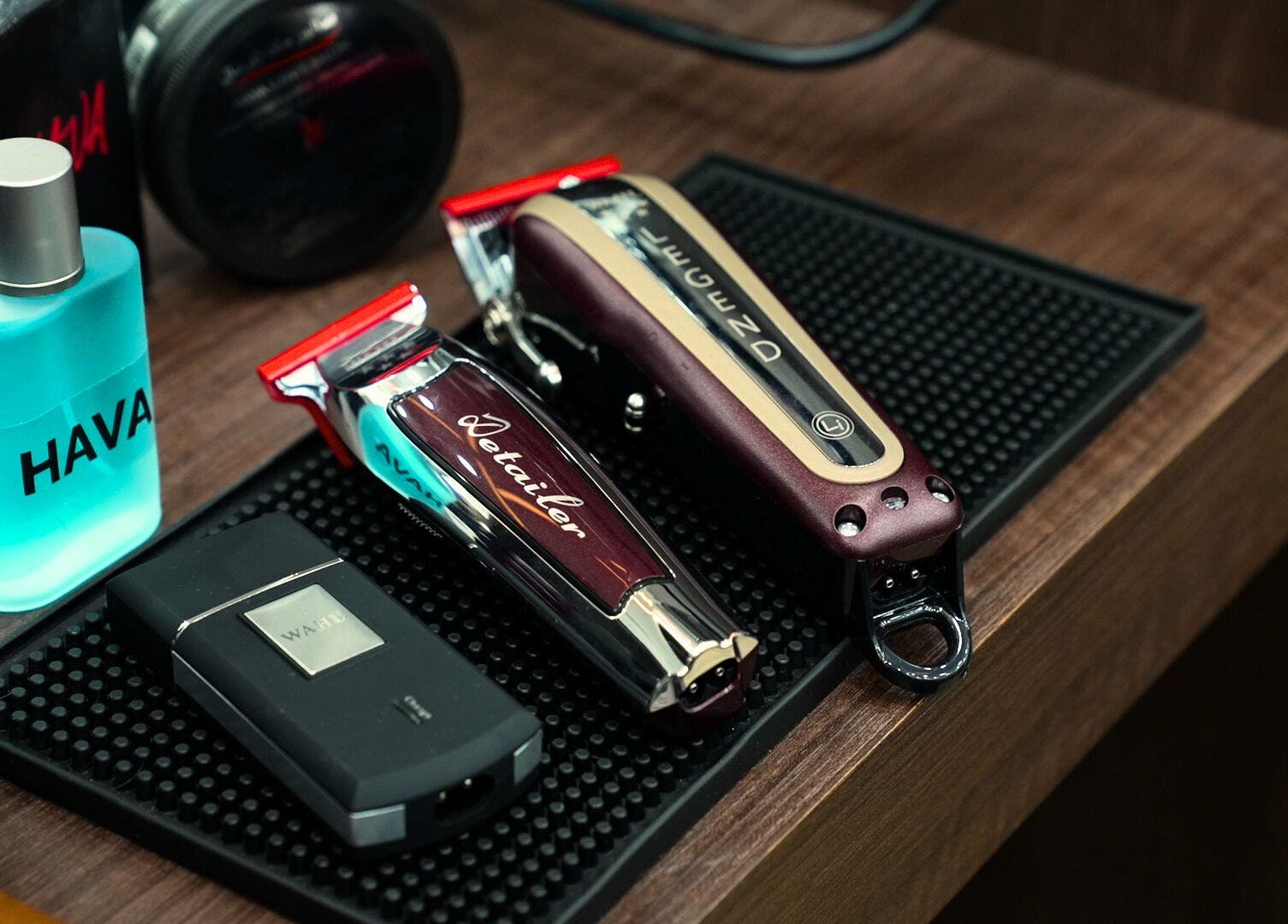 Hava Gents Salon - Nuaymia grooming tools on a wooden counter, Ajman, Ajman, AE.