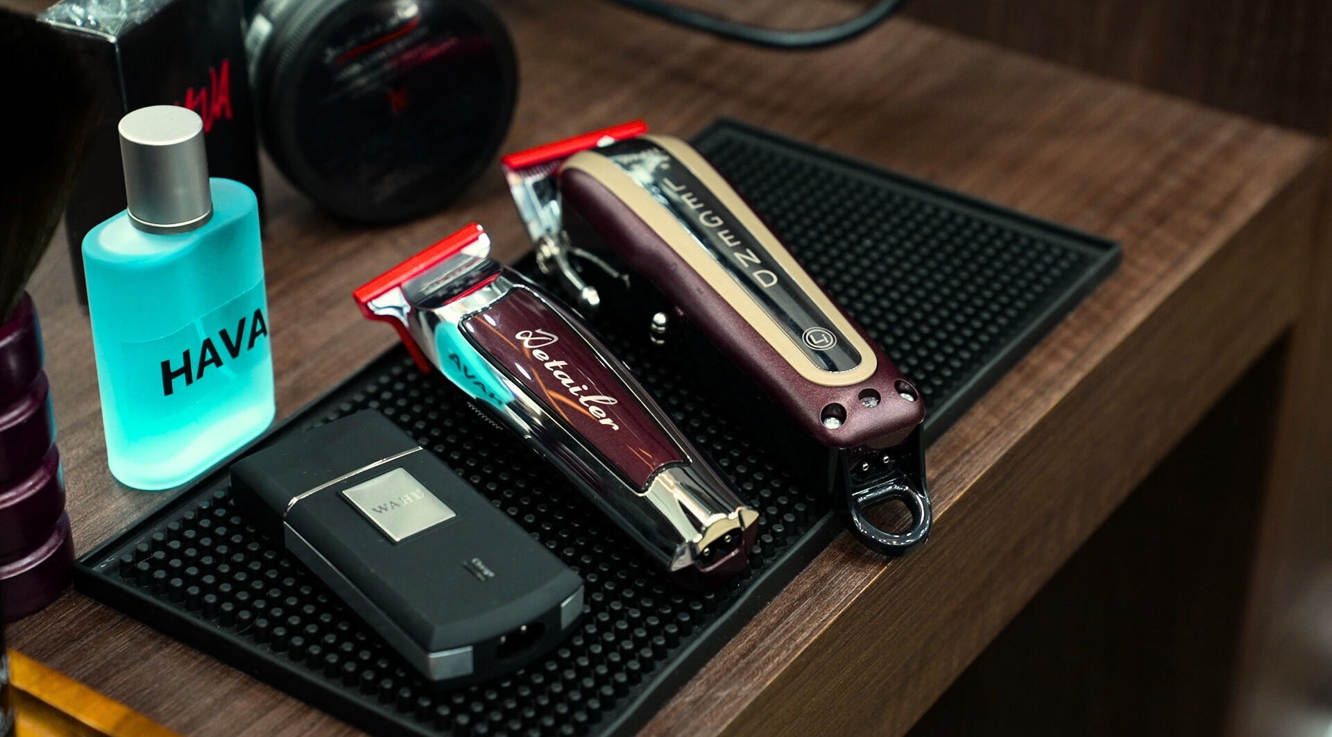 Hava Gents Salon - Nuaymia grooming tools on a wooden counter, Ajman, Ajman, AE.